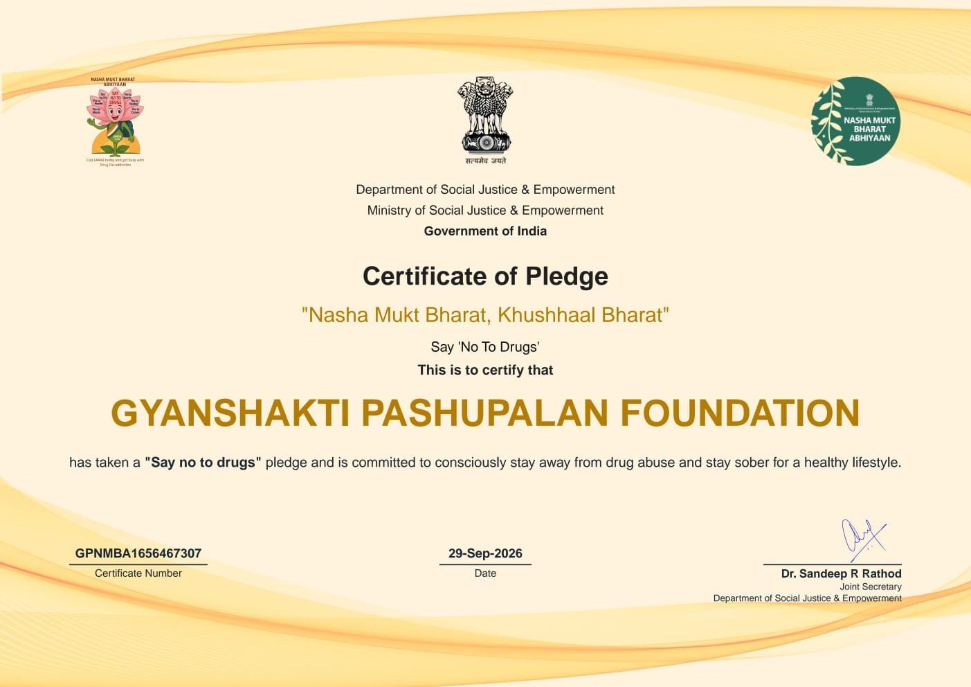 Certificate of Pledge — Nasha Mukt Bharat Abhiyaan, Government of India — Gyanshakti Pashupalan Foundation